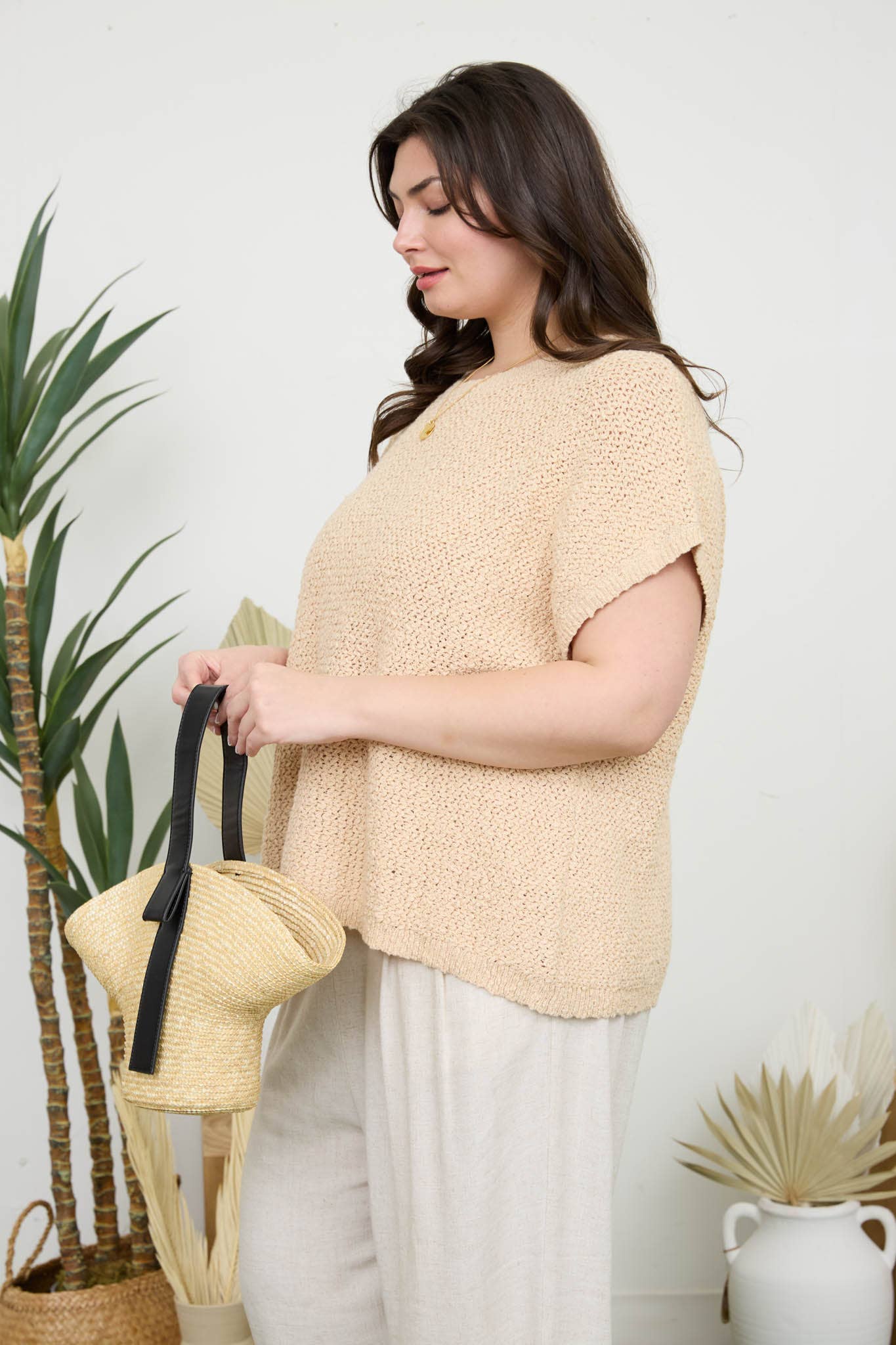 PLUS TEXTURED KNIT CREW NECK SHORT SLEEVE PULLOVER