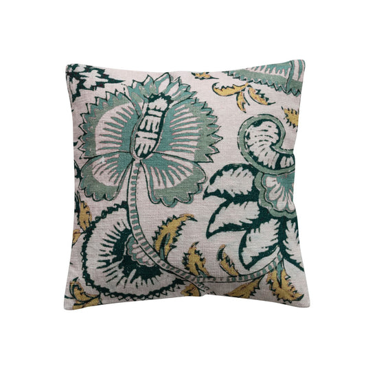18" Square Cotton Slub Printed Pillow with Botanicals & Chambray Back