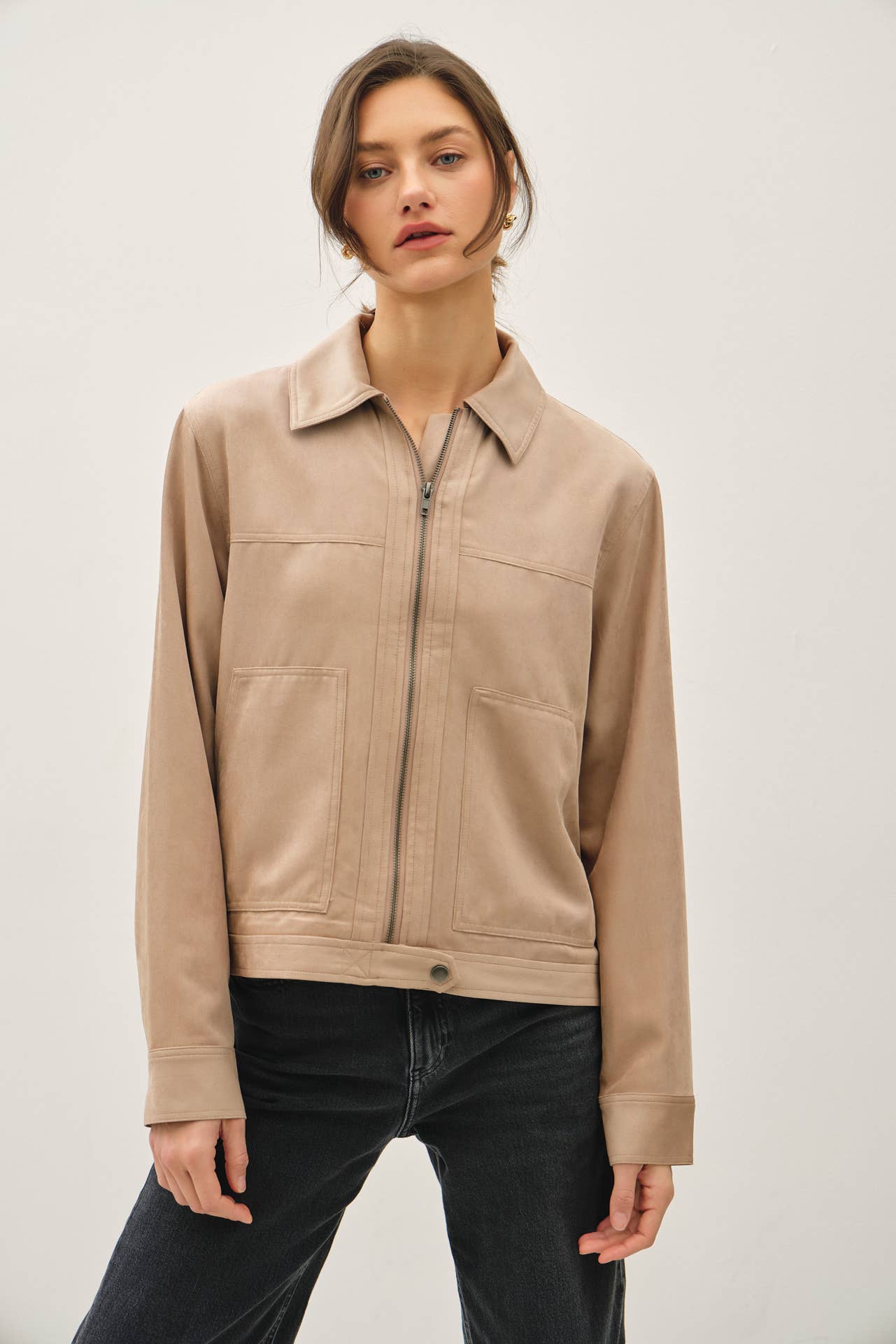 SUEDE FEEL COLLARED ZIP UP JACKETS