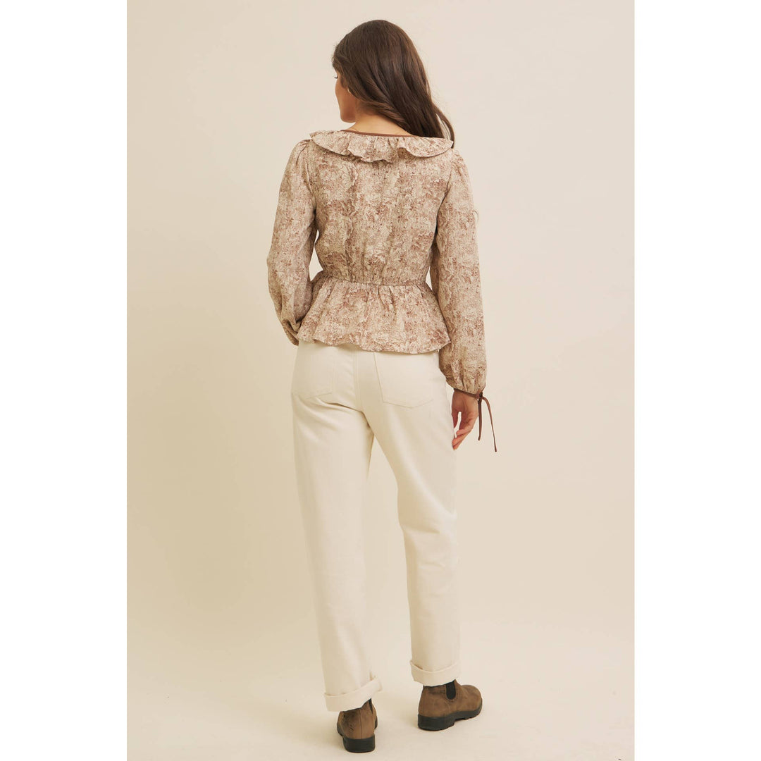 Toile Printed Babydoll Blouse With Balloon Sleeves
