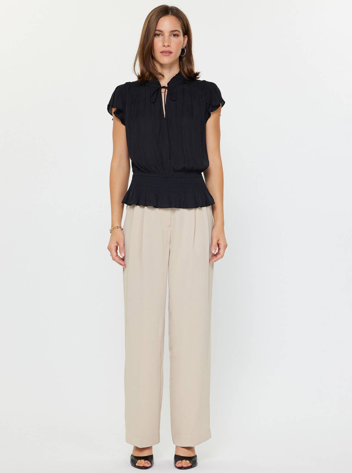 Smocking Waist Flutter Sleeve Blouse