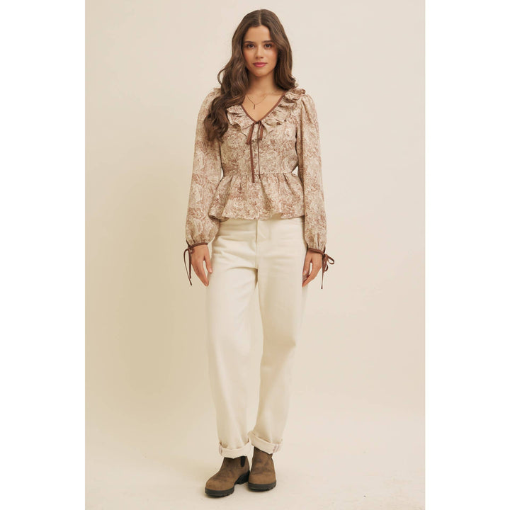 Toile Printed Babydoll Blouse With Balloon Sleeves