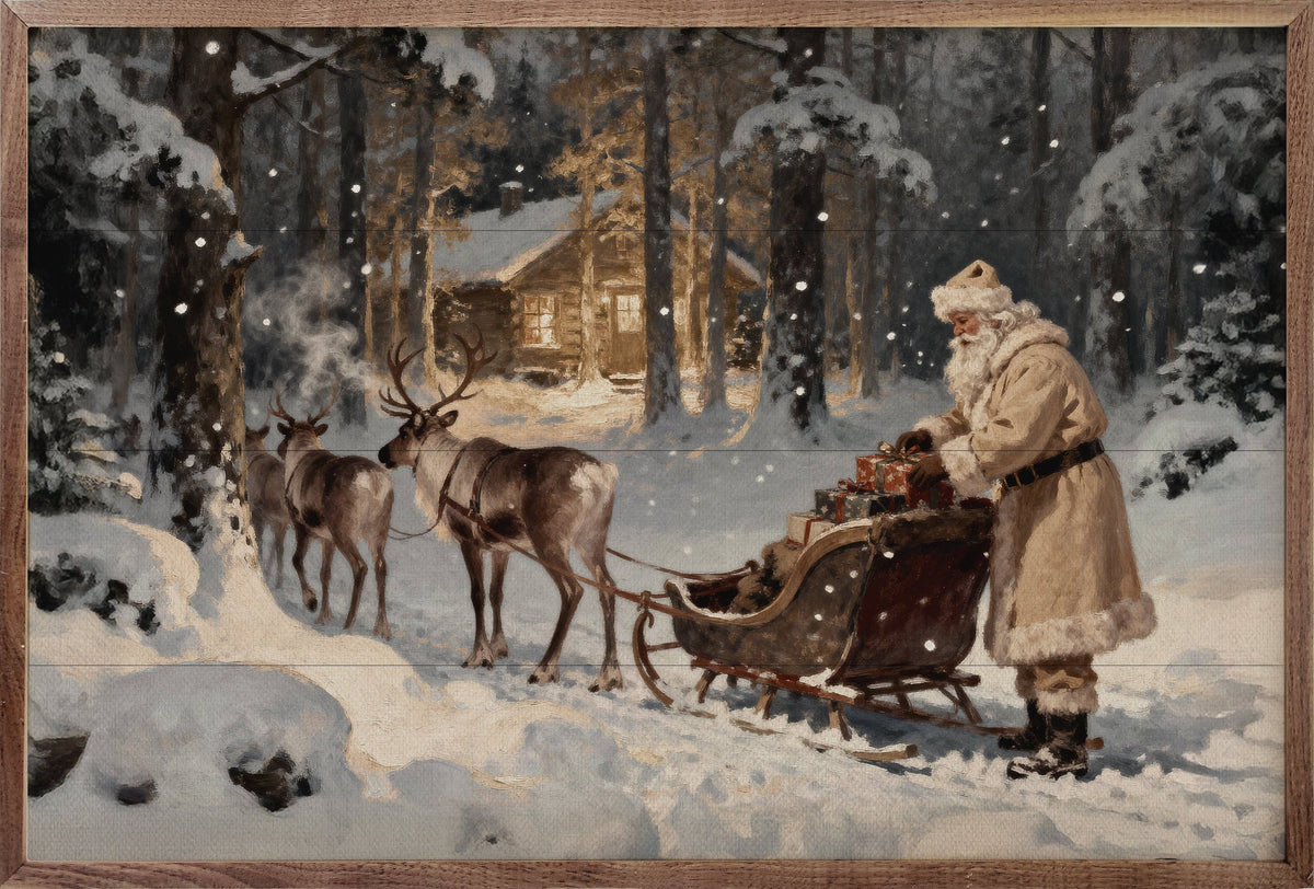 Framed vintage painting of Santa with reindeer sleigh and gifts in snowy forest