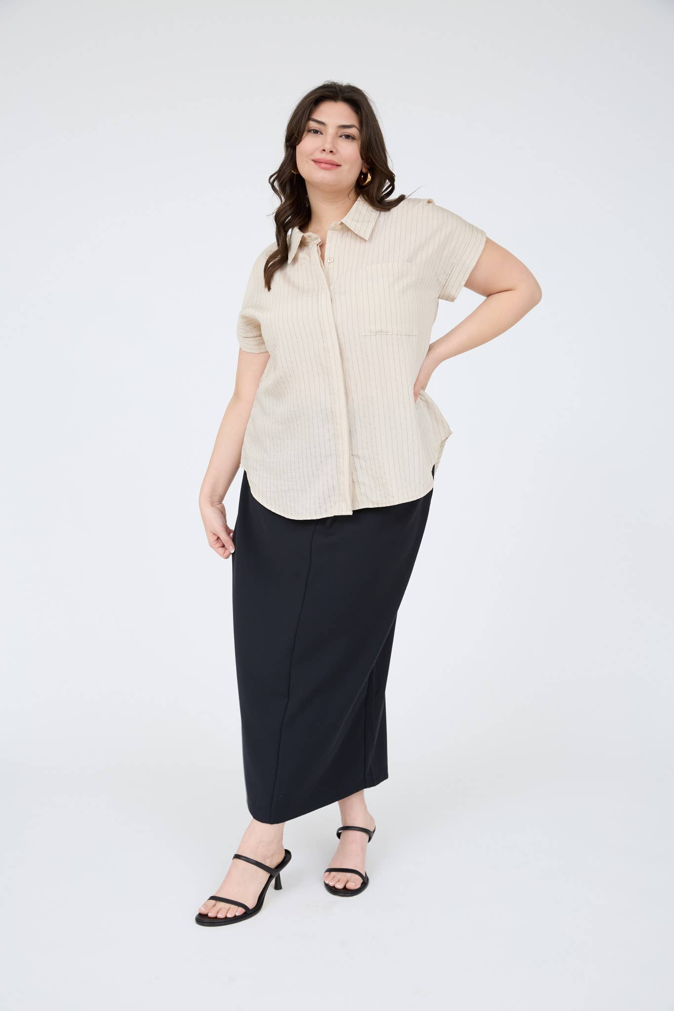 PLUS PINSTRIPE SHORT SLEEVE COLLARED SHIRT