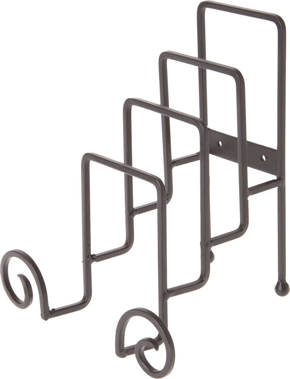 Bard's black wrought iron plate stand with decorative scroll accents, three-tier display