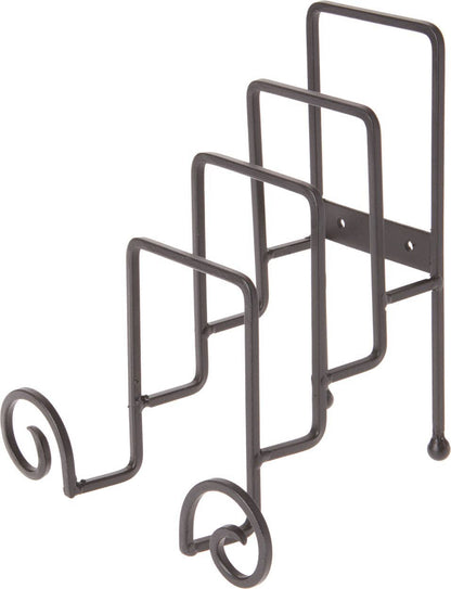 Bard's black wrought iron plate stand with decorative scroll accents, three-tier display