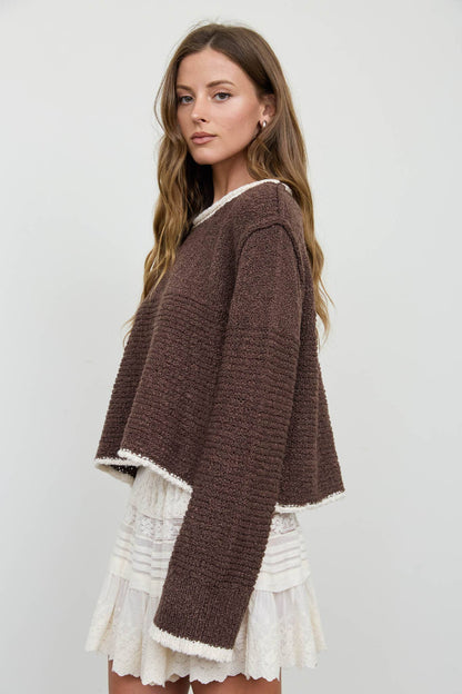Contrast Trim and Knit Pattern Long Sleeve Sweater