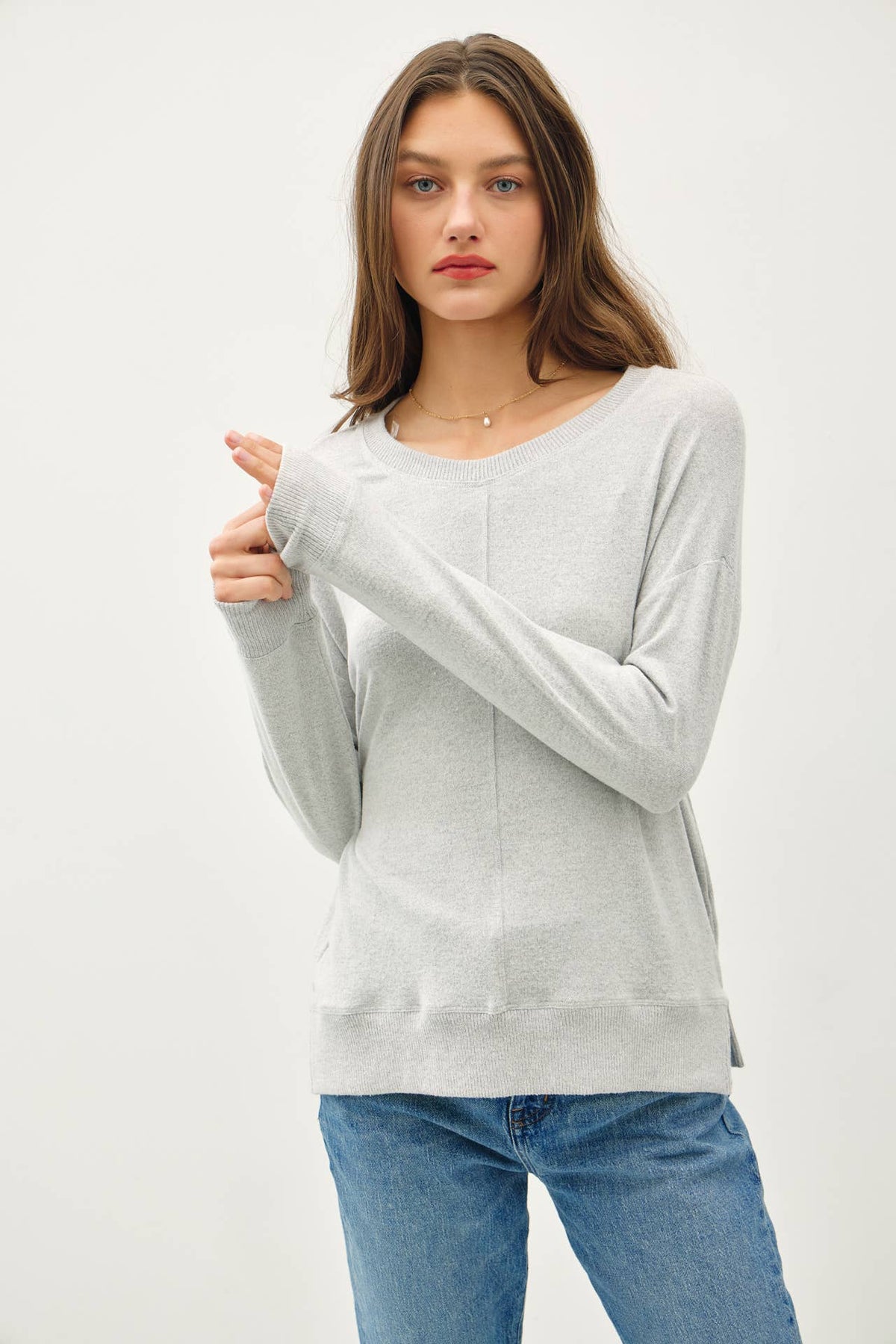 Women's heather grey brushed hacci pullover knit top with ribbed cuffs and drop shoulders