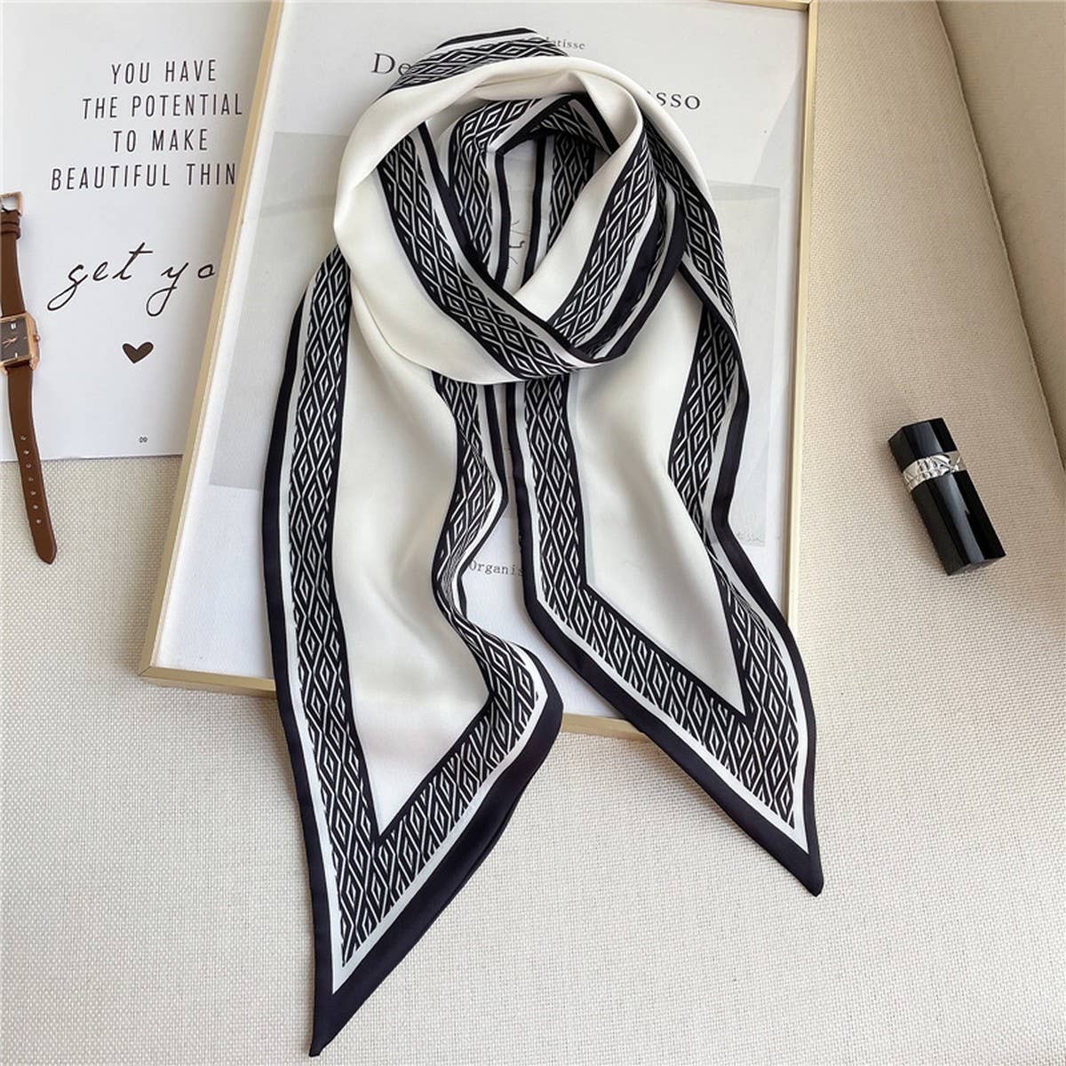 THIN SIMPLE GEOMETRIC LONG SILK HEAD SCARF_CWASC1521: APRICOT / (OS) 1