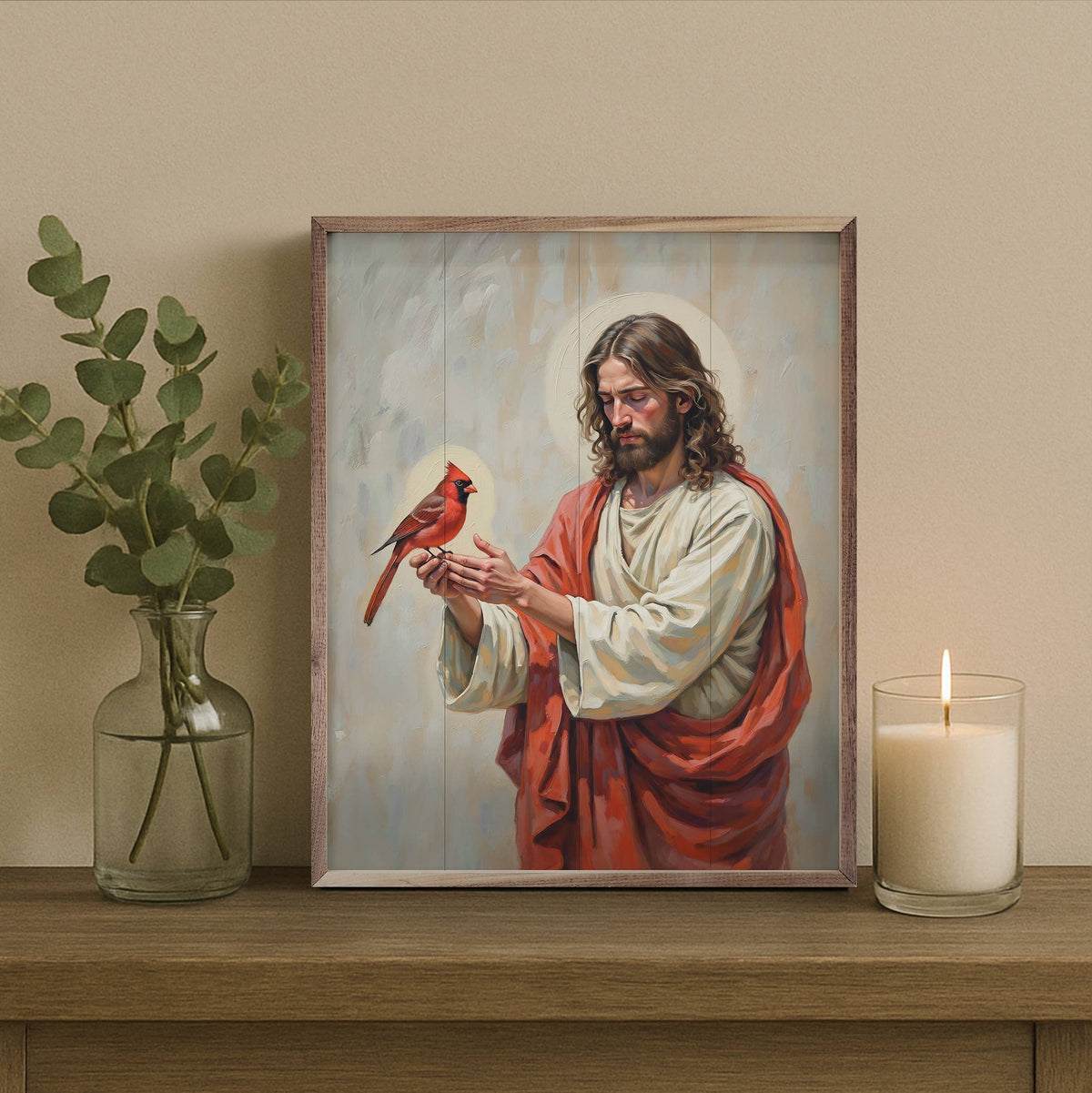 Framed painting of Jesus holding a red cardinal bird, wood frame, shelf decor