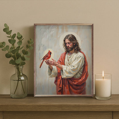 Framed painting of Jesus holding a red cardinal bird, wood frame, shelf decor
