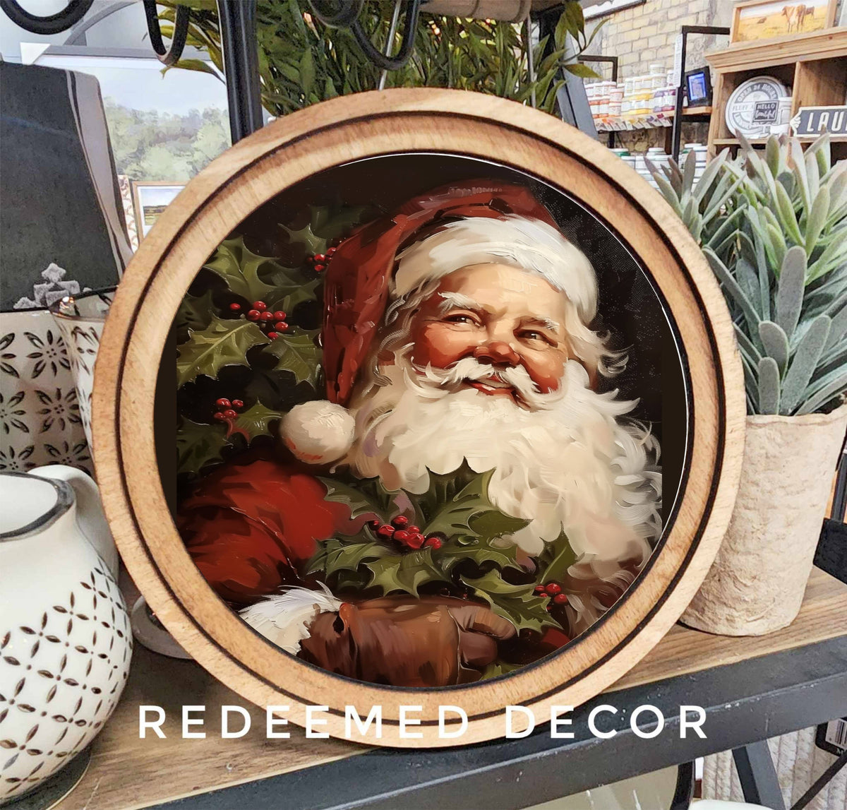 8-inch round vintage Santa Claus canvas art in double-layered Early American wood frame