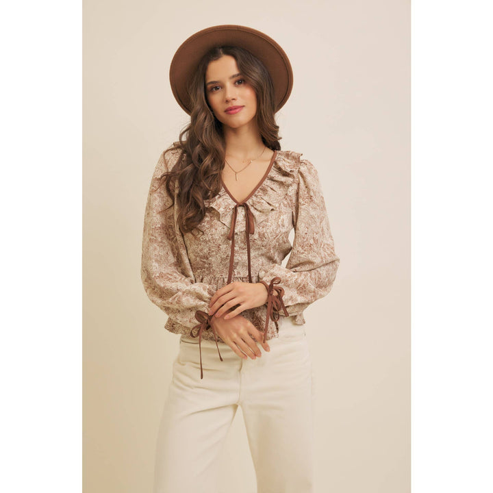 Toile Printed Babydoll Blouse With Balloon Sleeves