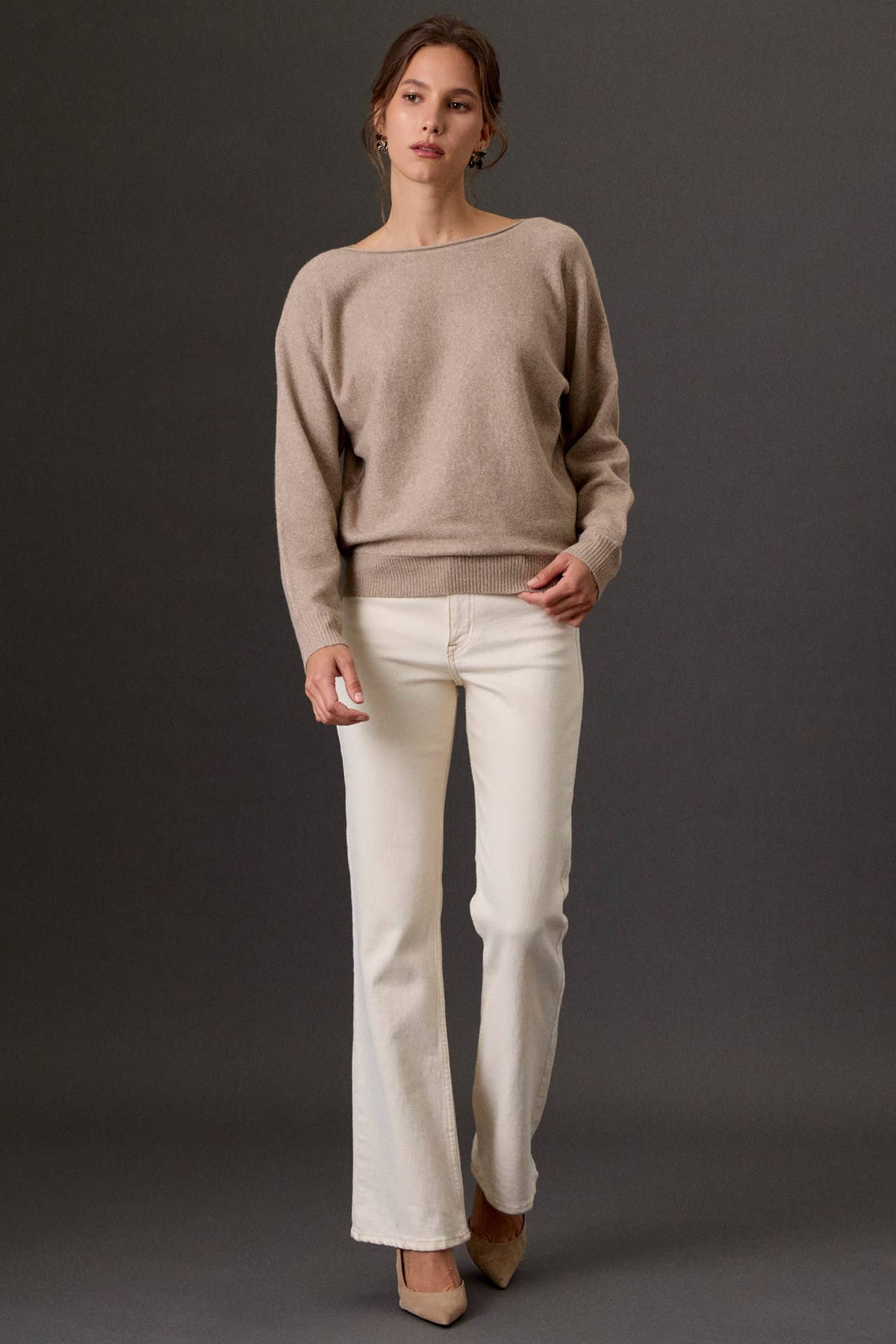 Be Cool ultra soft heathered taupe boat neck sweater with long dolman sleeves