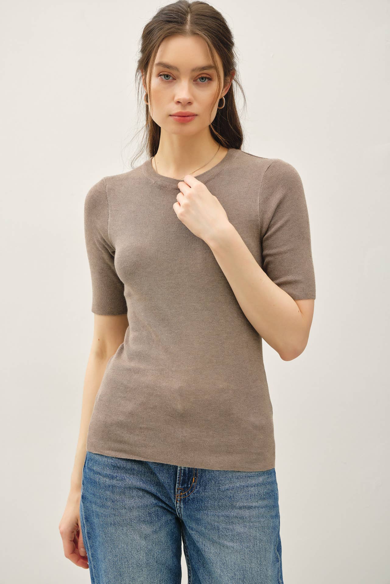 CLASSIC SOLID HALF SLEEVE RIB KNIT TOP