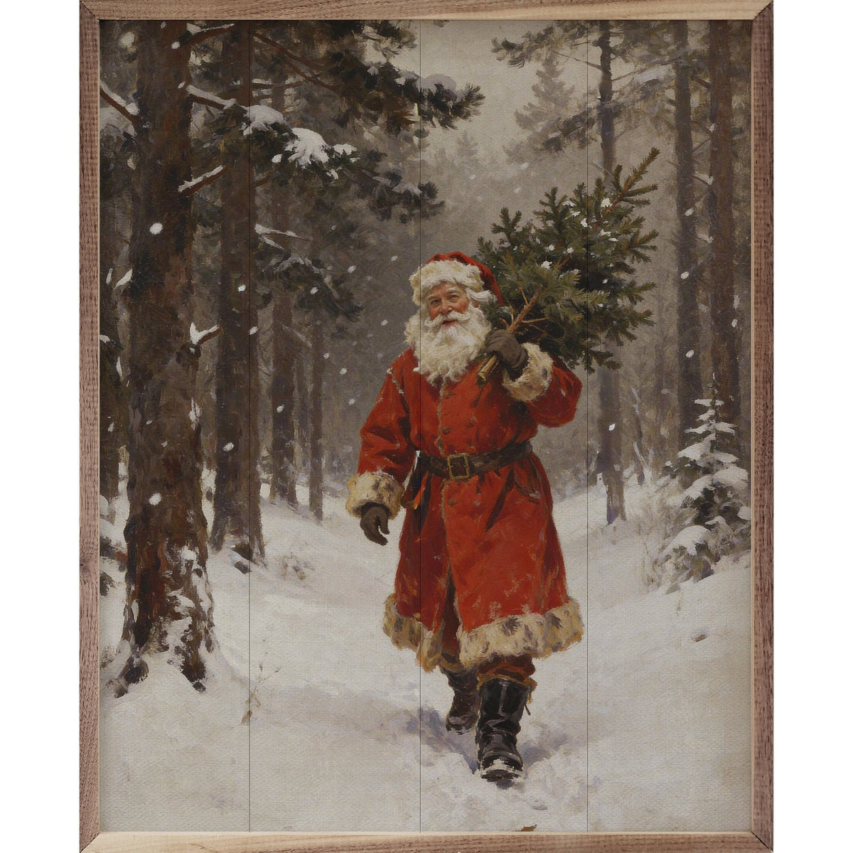 Framed painting of Santa Claus carrying a pine tree through a snowy forest