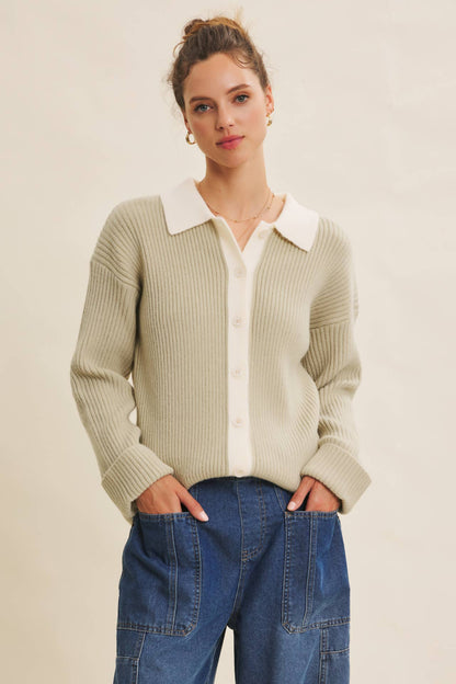 SOFTLY STRUCTURED CONTRAST RIBBED SWEATER CARDIGAN