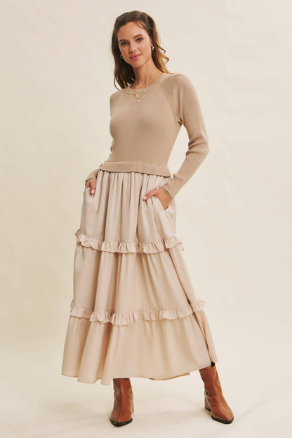 COMFORTABLE SWEATER AND SATIN TWOFER MAXI DRESS