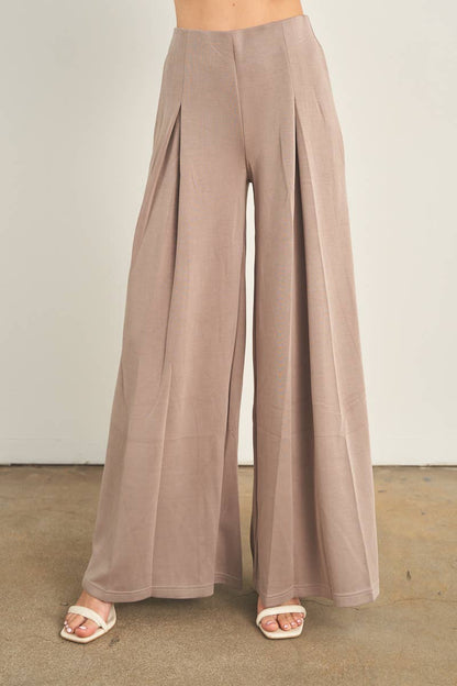 Taupe wide-leg palazzo pants with high waist and pleated front detail