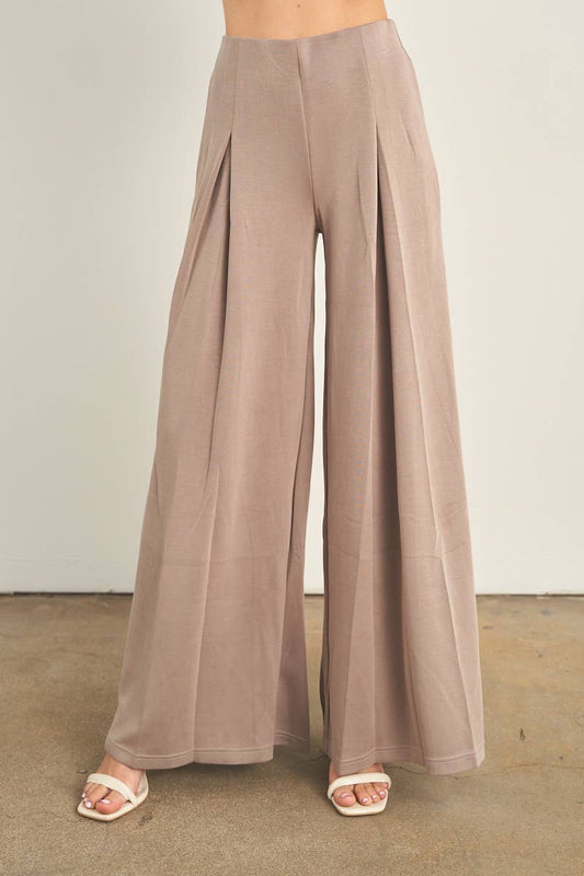 Taupe wide-leg palazzo pants with high waist and pleated front detail