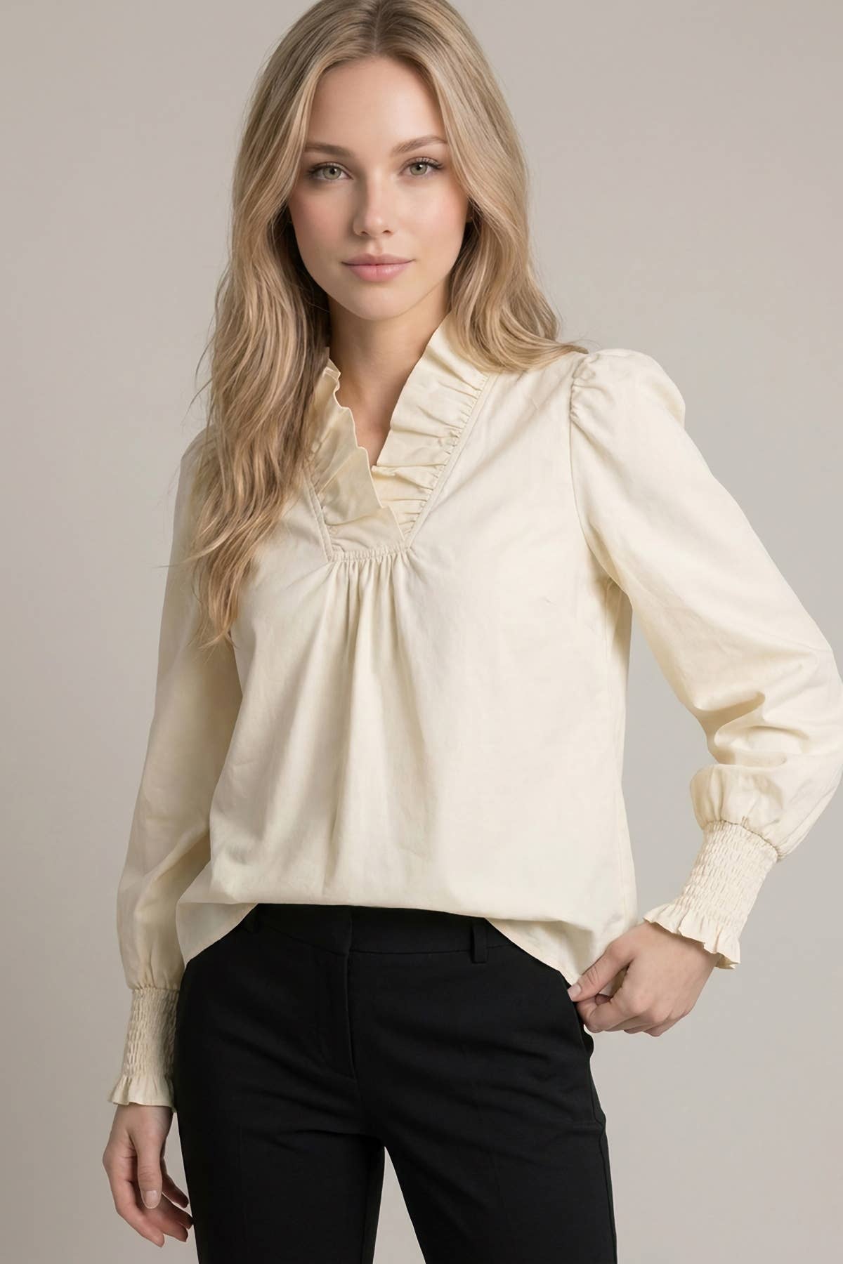 RUFFLE V NECK BLOUSE WITH SMOCKED CUFFS - 46491T