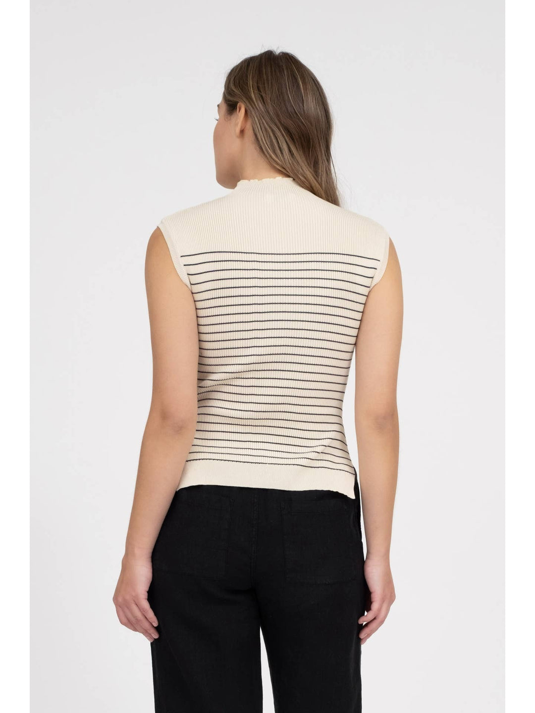 Stripe mock neck sleveless side slit sweater