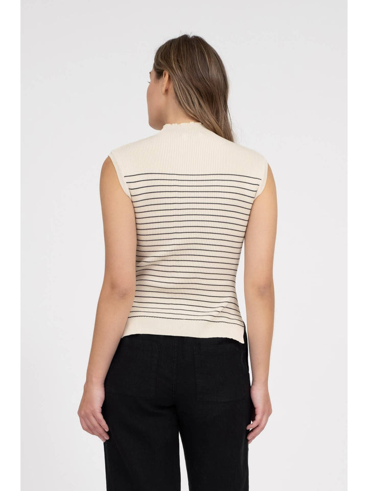 Stripe mock neck sleveless side slit sweater