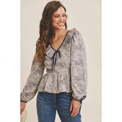 Toile Printed Babydoll Blouse With Balloon Sleeves