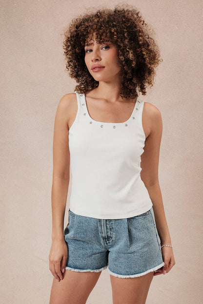 U- Neck Eyelet Ribbed Tank Top
