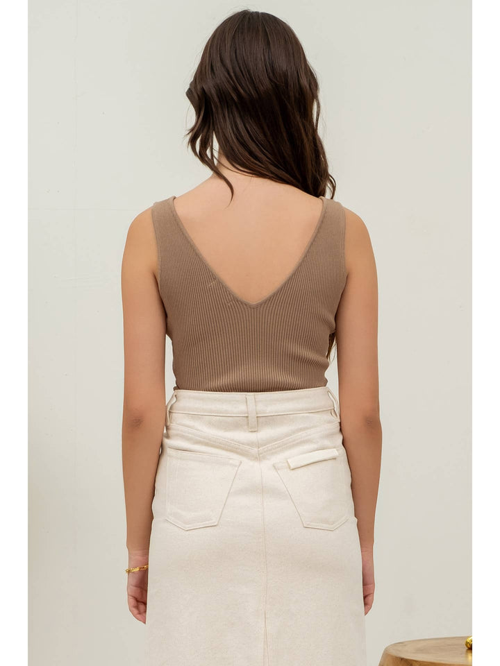 V  neck sleeveless ribbed tank top