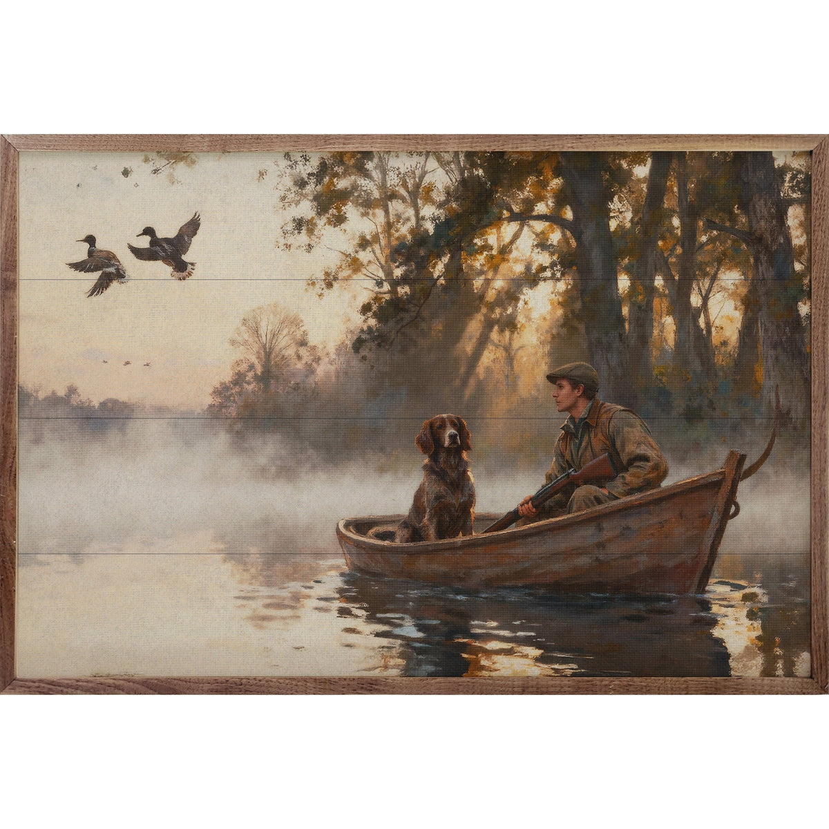 Framed wall art painting of hunter with dog in rowboat watching ducks at misty dawn