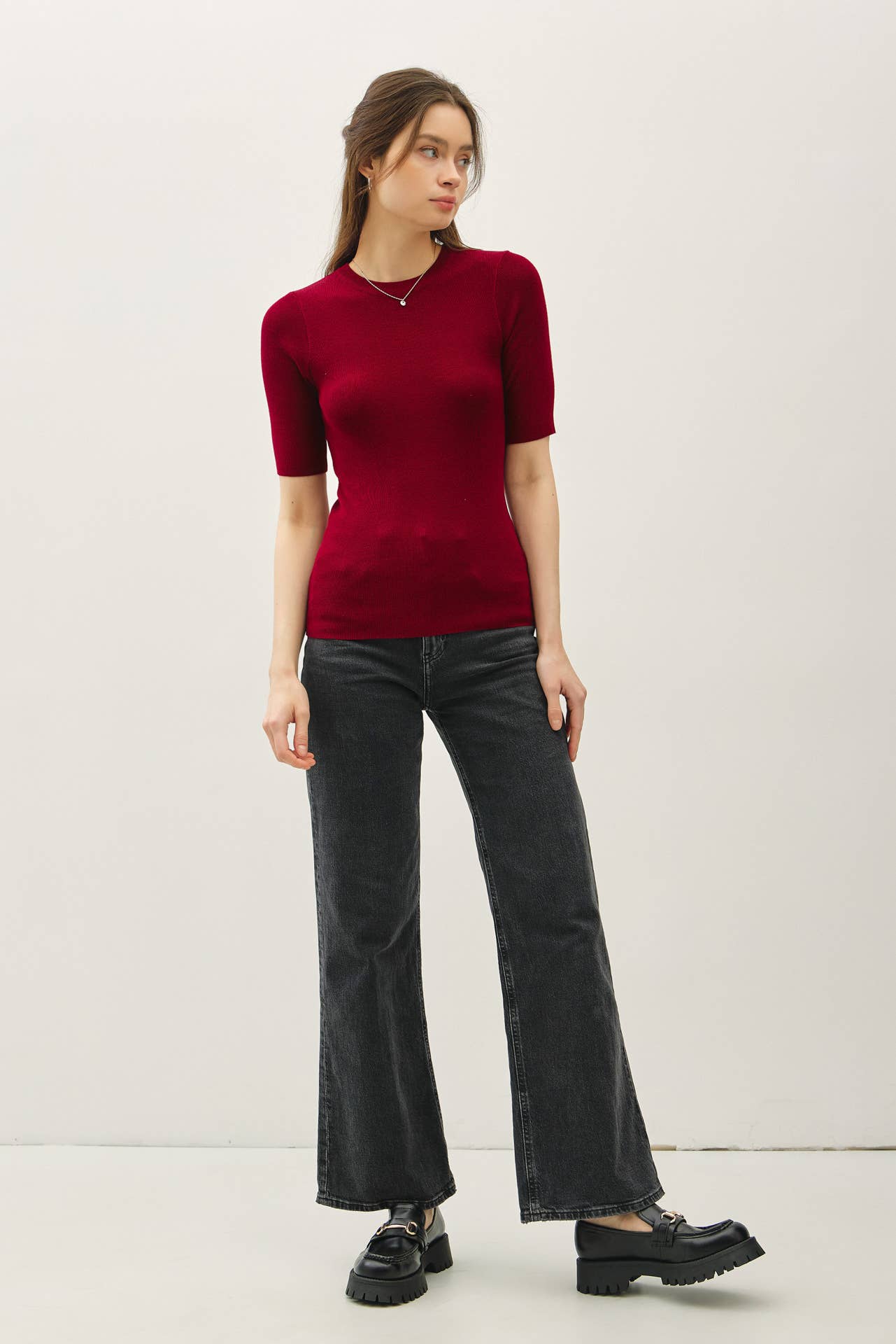 CLASSIC SOLID HALF SLEEVE RIB KNIT TOP