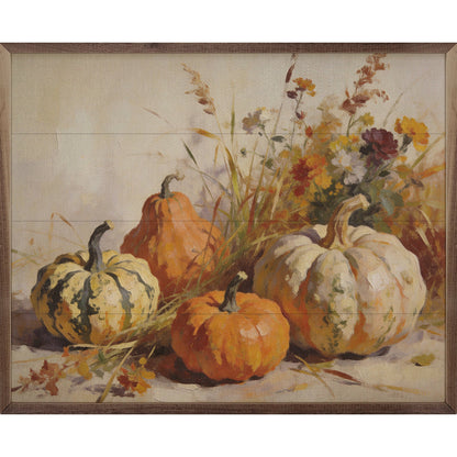 Framed fall still life painting with orange white and green pumpkins and wildflowers