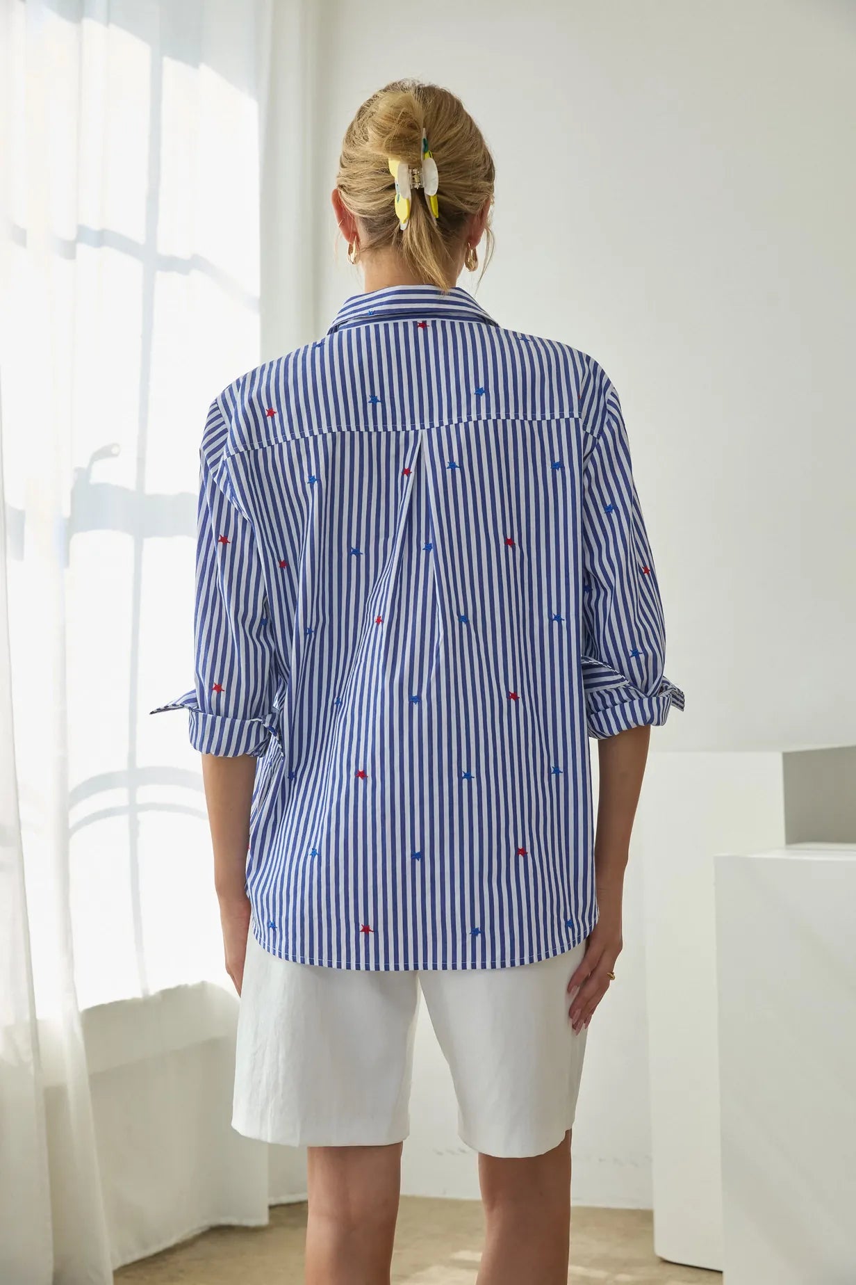 Star Embroidered Striped Button-Down Blouse