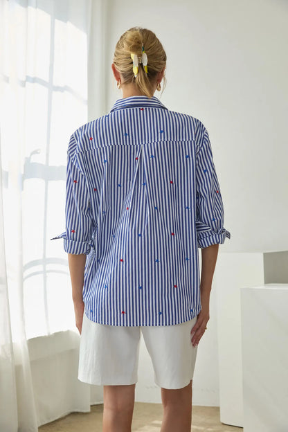 Star Embroidered Striped Button-Down Blouse