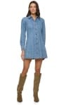 Medium wash stretch denim mini shirt dress with full button-front and long sleeves