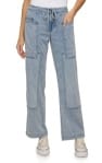 Women's wide-leg medium wash denim cargo pants with patchwork panel detailing