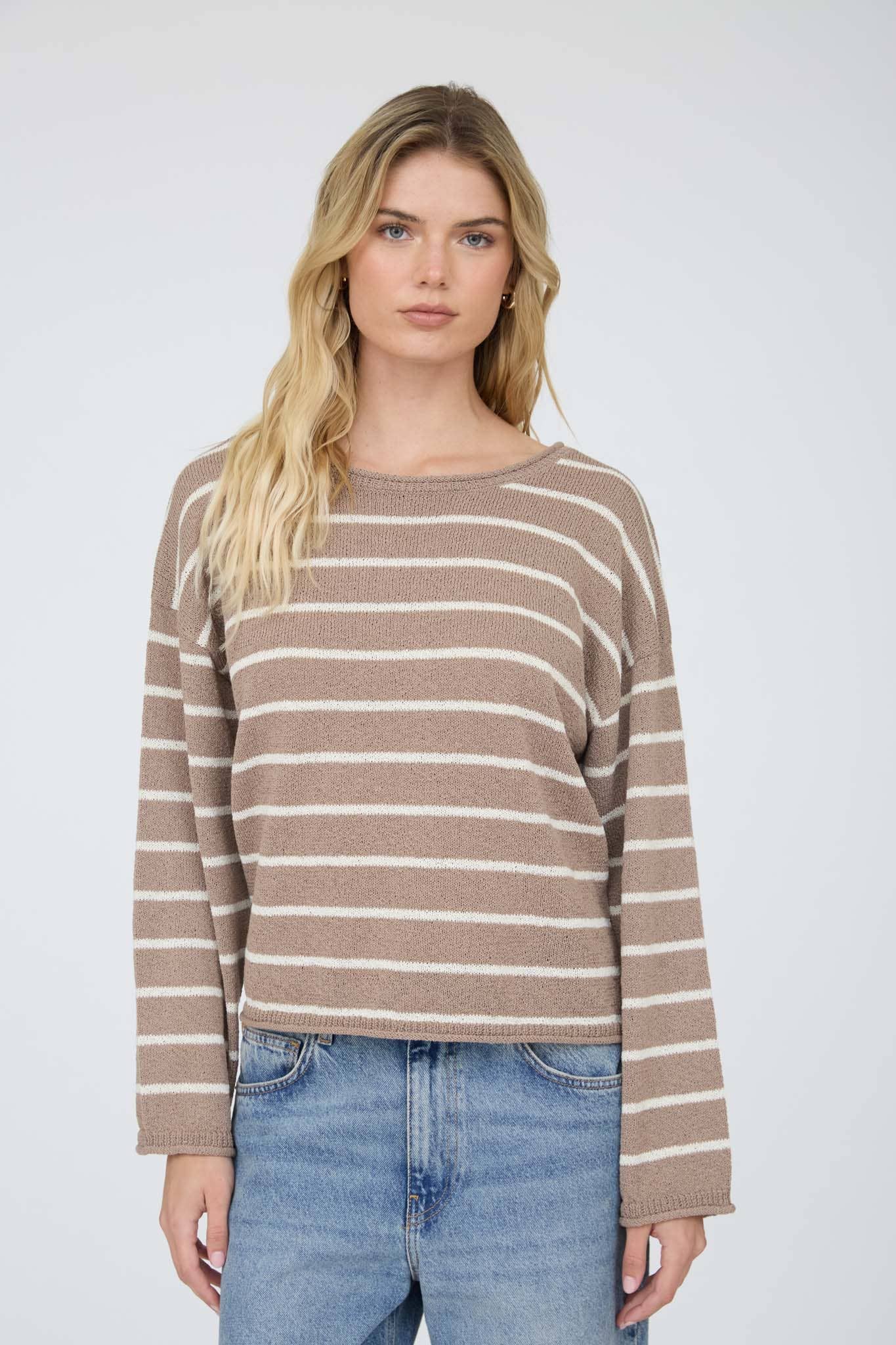 STRIPE TEXTURED RAW EDGE LONG SLEEVE KNIT SWEATER