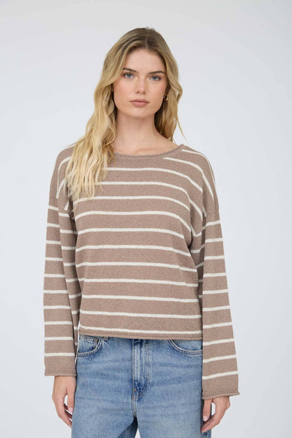 STRIPE TEXTURED RAW EDGE LONG SLEEVE KNIT SWEATER
