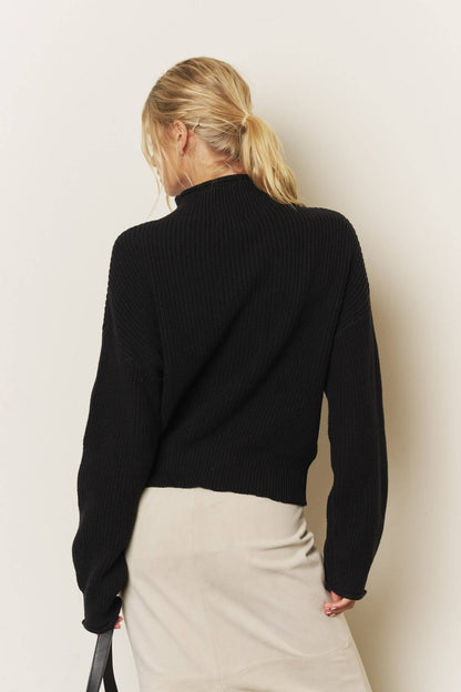 Ribbed Rolled Mock Neck Cropped Knit Sweater