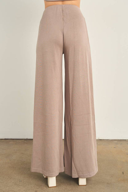 Wide-leg palazzo pants in taupe, high-waist, back view, floor-length fit