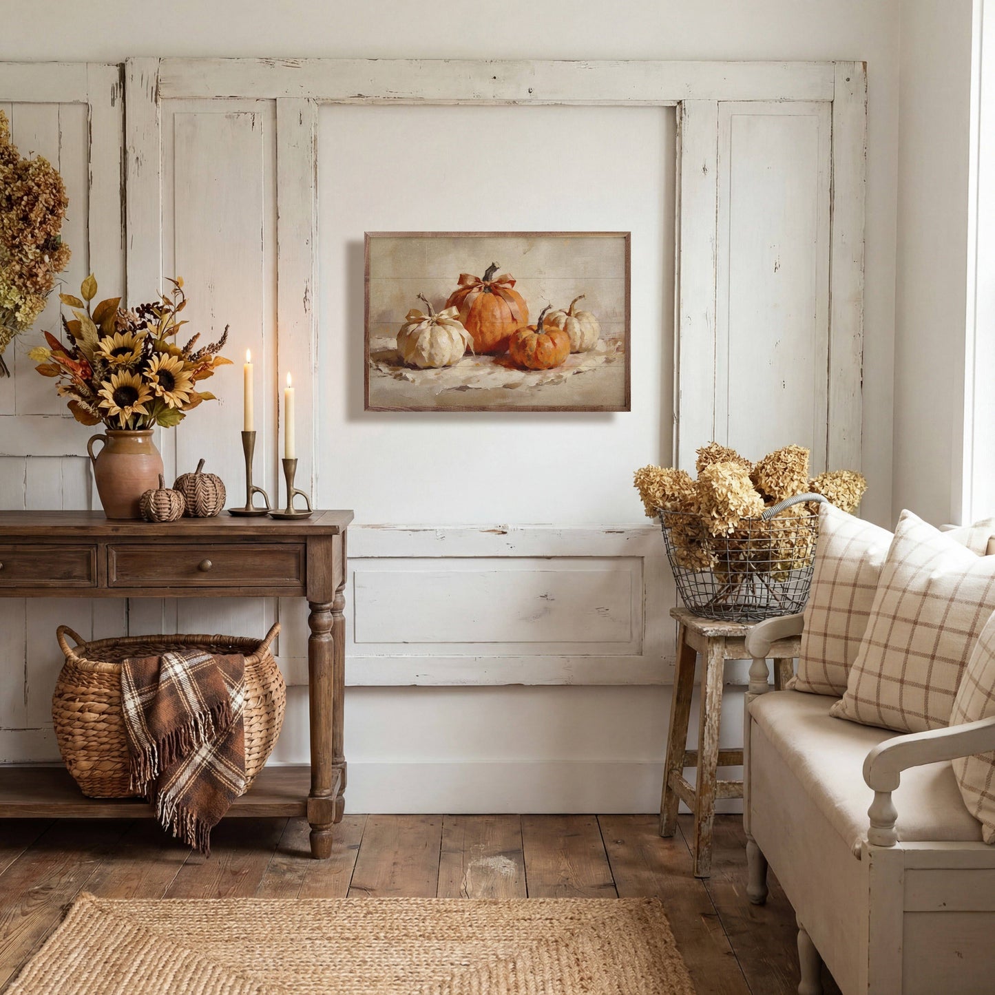 Framed fall pumpkin wall art print displayed in cozy farmhouse living room