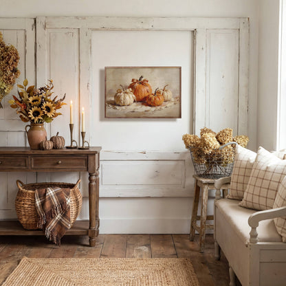 Framed fall pumpkin wall art print displayed in cozy farmhouse living room