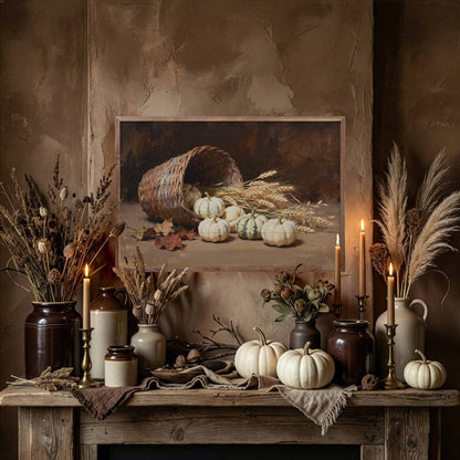 Framed fall painting of spilled pumpkin basket above rustic mantel with candles