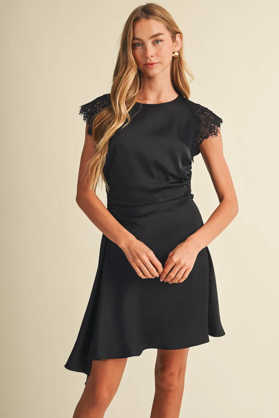 Mustard Seed black mini dress with lace cap sleeves and ruched waist detail