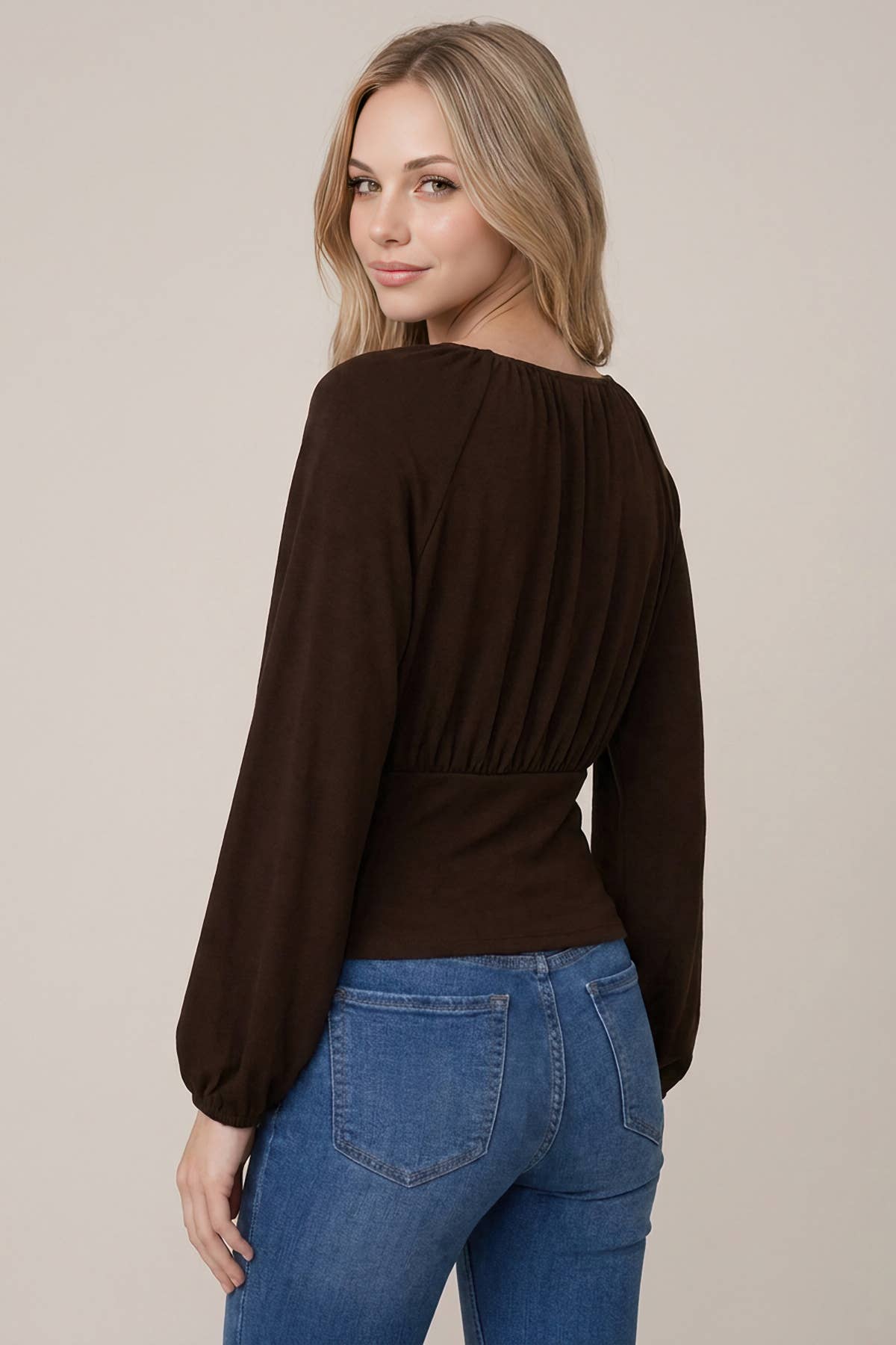 SOFT BRUSHED KNIT FLOWY RUCHED BALLOON SLEEVE TOP - 45980T