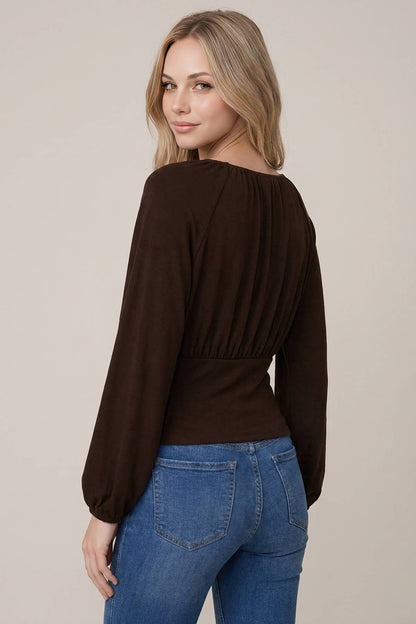 SOFT BRUSHED KNIT FLOWY RUCHED BALLOON SLEEVE TOP - 45980T