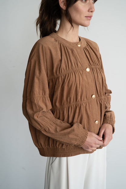 Elle Grey camel suede blouson jacket with gold buttons and elasticated hem
