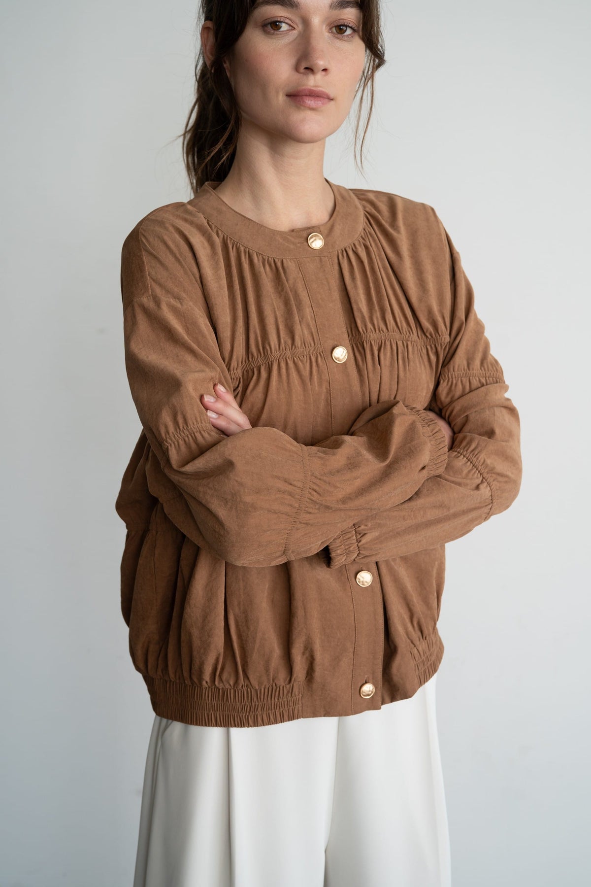 Elle Grey caramel brown suede blouson jacket with gold buttons and ruched detailing