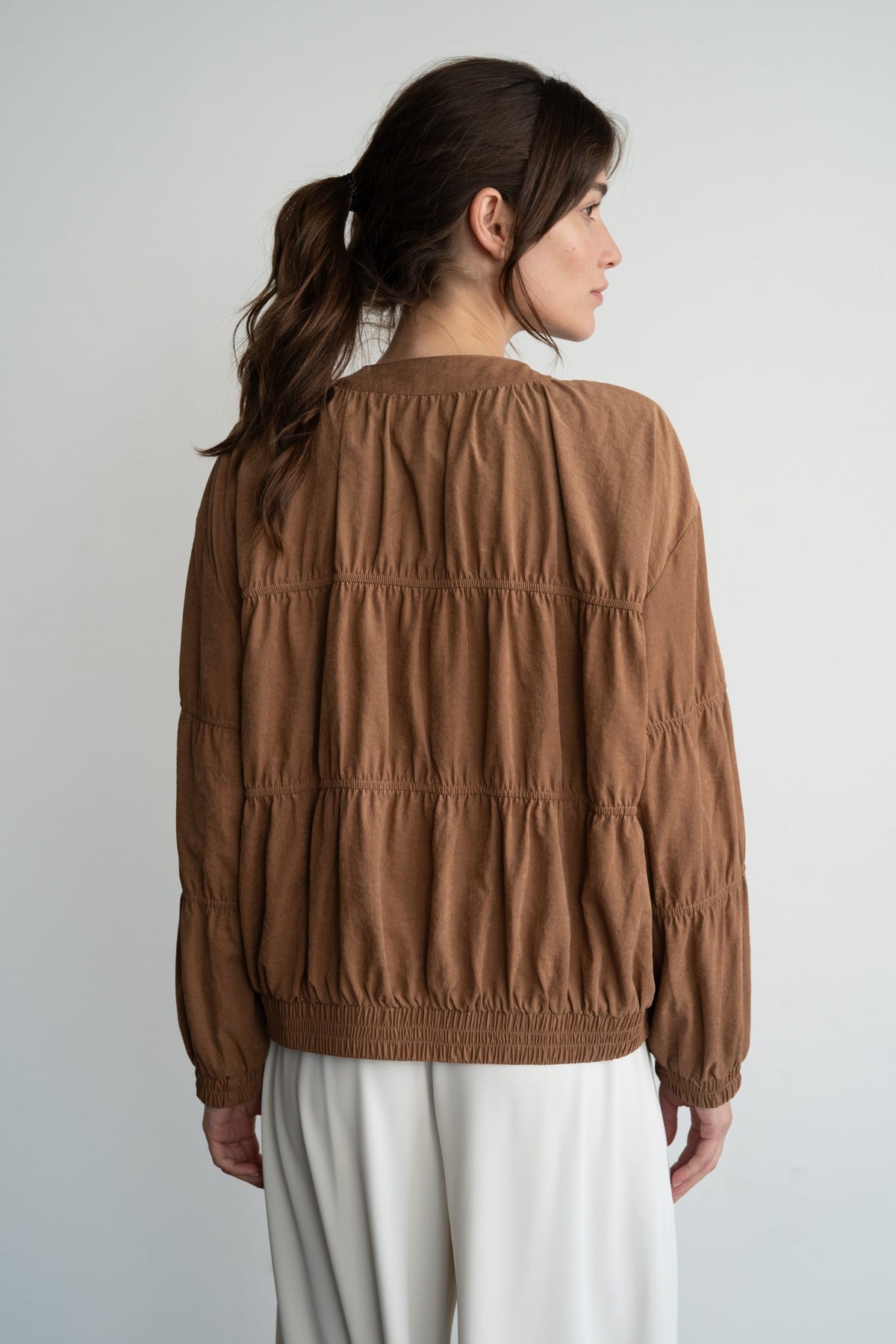 Elle Grey brown suede blouson jacket with tiered ruching and elastic hem